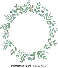 Circular frame decorated with plants, white background, green frame