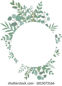Circular frame decorated with plants, white background, green frame