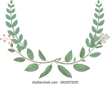 Circular frame decorated with plants, white background, green frame