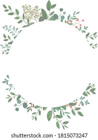 Circular frame decorated with plants, white background, green frame