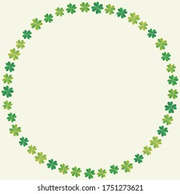 Circular frame, decorative border made from hand drawn clover illustrations. A symbol of good luck. Illustration for background.