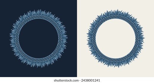 Circular frame in denim style with fringe, topstitching. White, dark background. Vintage style.