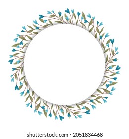 Circular frame design with blue heart branches and leaves.