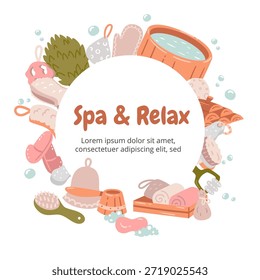 Circular frame design featuring a rich variety of bath and sauna items. A professional layout for spa labels and organic beauty brand packaging.