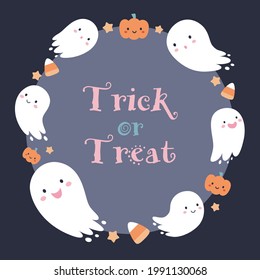 Diseño de marco circular para Halloween con fantasmas lindos, calabazas y maíces de caramelo. Ilustración vectorial con estilo de dibujos animados planos.