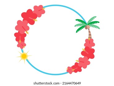 Circular frame design of palm trees and hibiscus. Summer image illustration. 