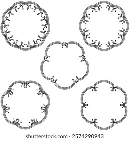 Circular frame designs. Black decorative outlines. Elegant symmetrical shapes. Vector illustration.