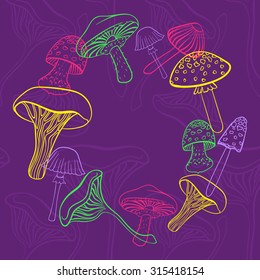 Circular frame with different hand drawn mushrooms in bright colors on purple background. Can be used as restaurant menu design.