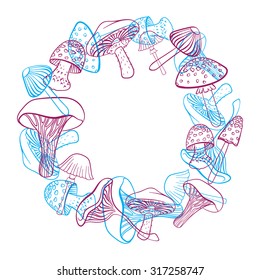 Circular frame with different hand drawn mushrooms in bright colors. Can be used as restaurant menu design.