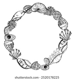 Circular frame with different sea shells. Vectorized hand-drawn ink illustration. Black and white