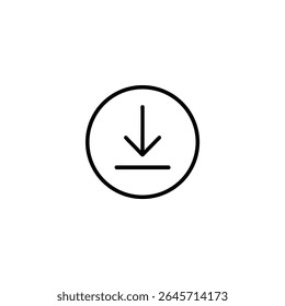 Um quadro circular contendo um símbolo de seta para download, representado com traços monolíticos pretos precisos de 1,5 px. Gráfico vetorial 2D plano, isolado em branco.