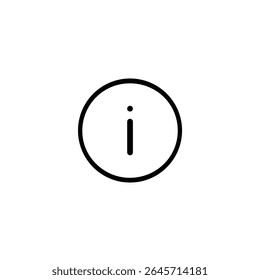 Um quadro circular contendo uma letra minúscula 'i' para obter informações, usando traçados monolínicos precisos de 1,5 px. Vetor 2D plano, isolado em branco.