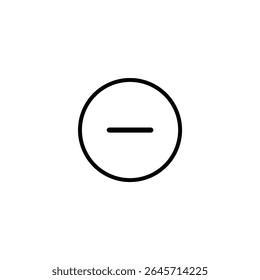 Um quadro circular que envolve um sinal de menos, para remover ou diminuir a ação, usando traçados monolínicos de 1,5 px. Vetor 2D plano, isolado em branco.