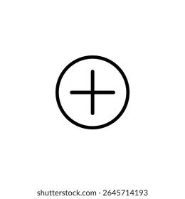 Um quadro circular que envolve um sinal de adição, para adicionar ou criar ação, usando traçados monolínicos de 1,5 px. Vetor 2D plano, isolado em branco.