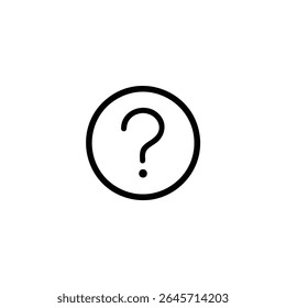 Um quadro circular que envolve um símbolo de ponto de interrogação para ajuda ou consulta, usando traçados monolínicos de 1,5 px. Vetor 2D plano, isolado em branco.