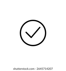 Um quadro circular que inclui uma marca de seleção em forma de V, representada com traços monolínicos precisos de 1,5 px preto. Gráfico vetorial 2D plano, isolado em branco.