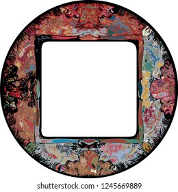 Circular frame, filled with ornate, contorted abstract shapes with a white, rectangular core