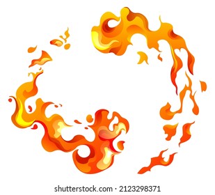 Circular frame with fire and flames, energy power element, bright and blazing, glare and explosion. Flammable ring, danger effect and glowing circle. Wildfire and sparks. Vector in flat style