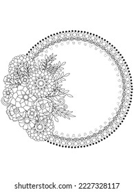 Circular frame flower coloring page for adult.