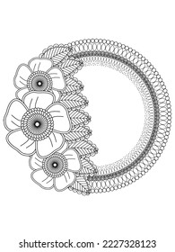 Circular frame flower coloring page for adult.