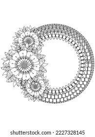Circular frame flower coloring page for adult.