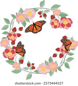 circular frame with flowers and butterflies vector image