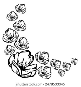 Marco circular con flores. Siluetas dibujadas a mano. Motivos florales en estilo pincel seco.