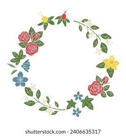 Circular frame with flowers and leaves, plant wreath frame