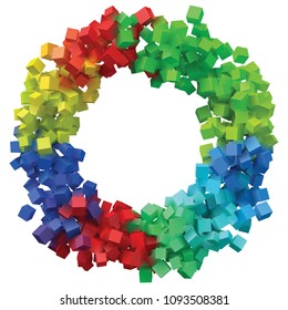 circular frame formed by random sized colorful cubes