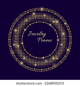 Rundrahmen mit goldenen Perlen. Runde Halbtonform mit goldenen Ketten, kleinen Funken. Logo, Emblem, Abzeichen zum Jubiläum, Preisverleihungsdesign auf dunklem Hintergrund