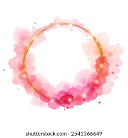 A circular frame with a golden border, adorned with soft pink watercolor splashes and sparkling lights. Perfect for adding a touch of elegance and femininity to your designs.