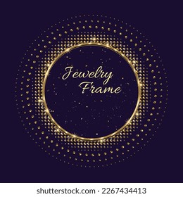 Circular frame with golden shiny beads. Round halftone shape with glittering particles. Logo, emblem, badge for anniversary, wedding, award design on dark background