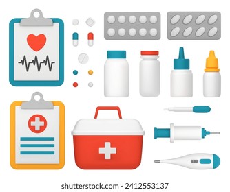 A circular frame with a group of medical items around it. 3D vector illustration with copy space