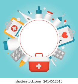 A circular frame with a group of medical items around it. 3D vector illustration with copy space