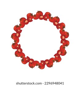 El marco circular de tomates rojos hechos a mano, para etiquetas, pegatinas y envasado. 
