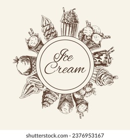 Circular frame for ice cream label, rounded by different types of ice cream. Retro hand drawn vector illustration. Template element for packaging design.