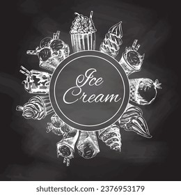 Circular frame for ice cream label, rounded by different types of ice cream. Retro hand drawn vector illustration on chalkboard background. Template element for packaging design.