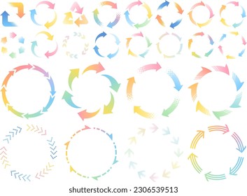 Circular frame and icon set of various rotating arrows in colorful gradient colors
