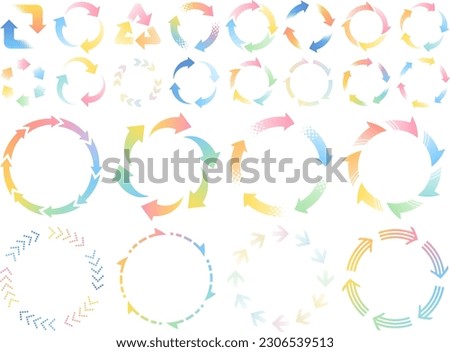 Circular frame and icon set of various rotating arrows in colorful gradient colors