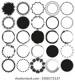 Circular frame icons. Varied border designs. Black and white elements. Vector illustration.