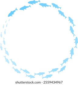 Circular frame illustration with light blue silhouette of a school of fish
