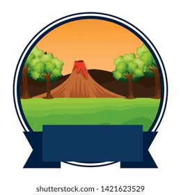 circular frame jurassic landscape and volcano scene