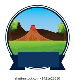 circular frame jurassic landscape and volcano scene