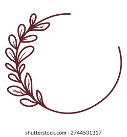 Circular frame leafy branch wreath line art graphic element