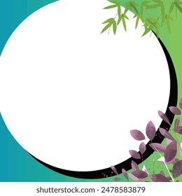Marco circular con hojas y plantas; ideal para diseños temáticos de la naturaleza, invitaciones, tarjetas de felicitación, o ilustraciones y gráficos de temática botánica.
