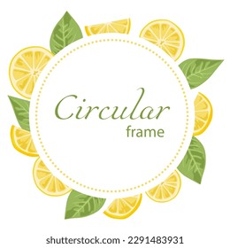 Circular frame with lemons and leaves on a white background. Fruits whole and cut in half.