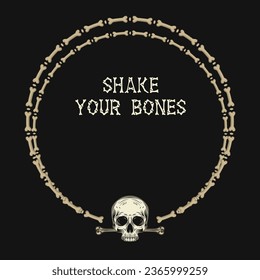 Circular frame made of bones, half human skull. Layout, template with copy space, copy text. For Halloween, Dia de los Muertos holiday decoration. Gothic vintage style.