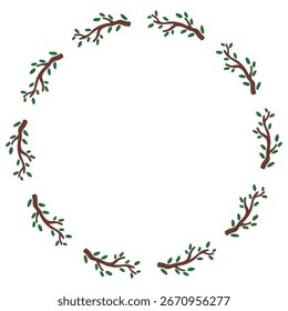 quadro circular feito de ramos com folhas verdes pequenas