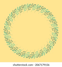 Marco Circular Hecha Por Hojas Verdes Y Copia El Espacio En Fondo Amarillo.