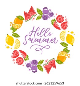 circular frame made of colorful fruits including juicy watermelon, fresh blueberries, zesty oranges, and tangy lemons. Perfect for summer-themed designs and illustrations, evoking freshness , delight.